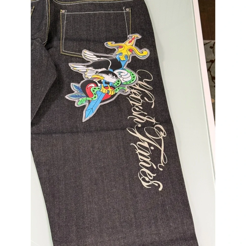 VTG Y2k Raw Blue Jeans Men 42x34 Black Denim Embroidered Embellish Skull Baggy‎